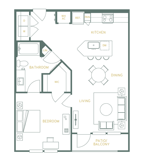 Floor plan for 1 bed, 1 bath, 780 sqft